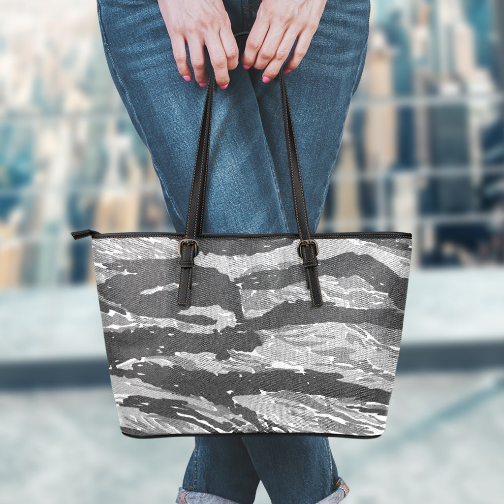 Grey Tiger Stripe Camouflage Print Leather Tote Bag