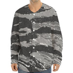 Grey Tiger Stripe Camouflage Print Long Sleeve Baseball Jersey