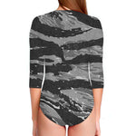 Grey Tiger Stripe Camouflage Print Long Sleeve Swimsuit