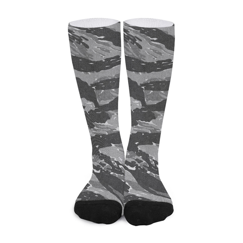 Grey Tiger Stripe Camouflage Print Long Socks