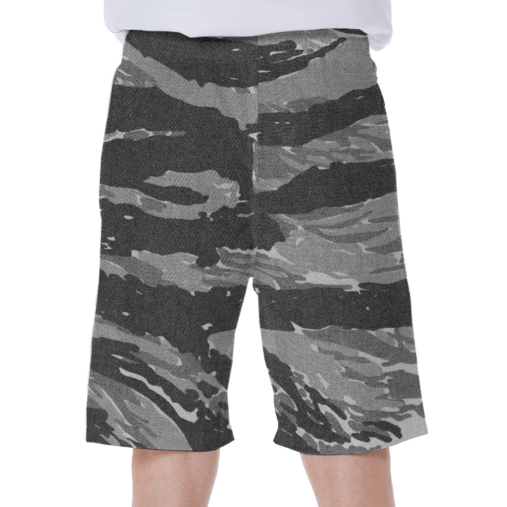 Grey Tiger Stripe Camouflage Print Men's Beach Shorts