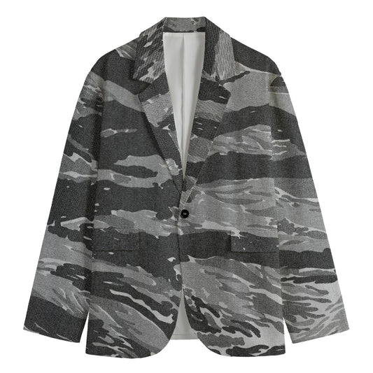 Grey Tiger Stripe Camouflage Print Men's Blazer