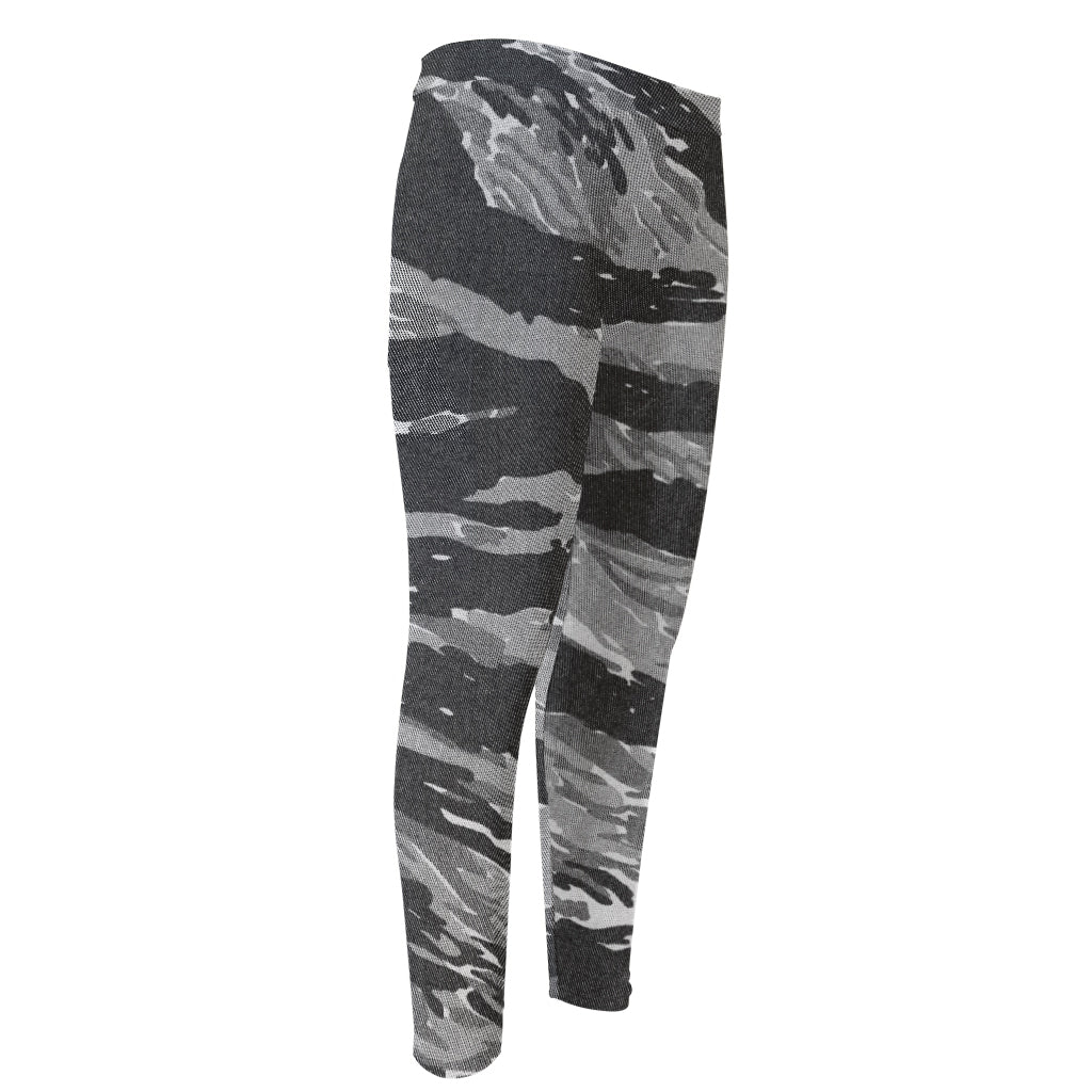 Grey Tiger Stripe Camouflage Print Men's Compression Pants