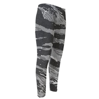 Grey Tiger Stripe Camouflage Print Men's Compression Pants