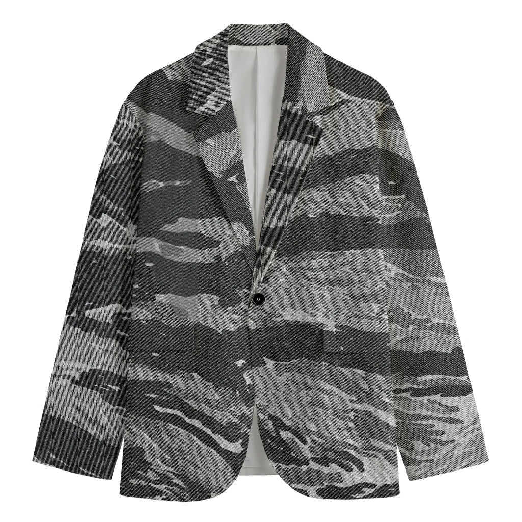 Grey Tiger Stripe Camouflage Print Men's Cotton Blazer