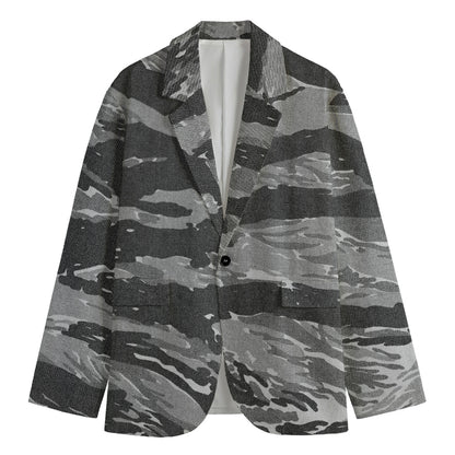 Grey Tiger Stripe Camouflage Print Men's Cotton Blazer