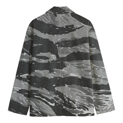 Grey Tiger Stripe Camouflage Print Men's Cotton Blazer