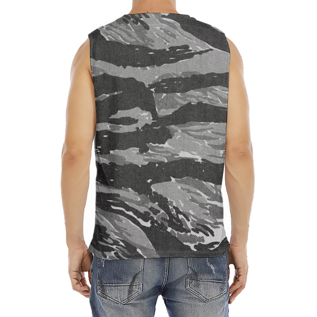 Grey Tiger Stripe Camouflage Print Men's Fitness Tank Top