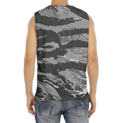 Grey Tiger Stripe Camouflage Print Men's Fitness Tank Top