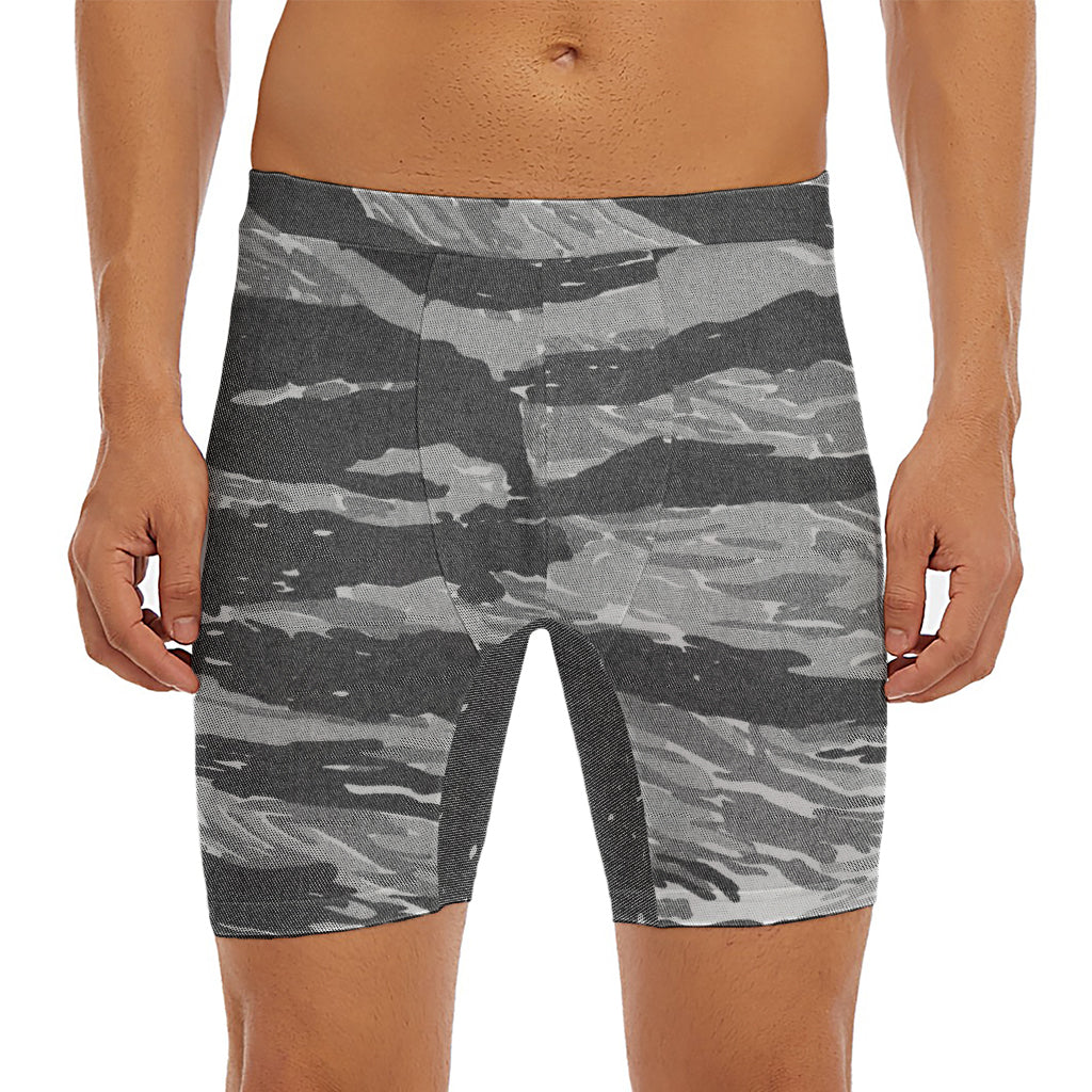 Grey Tiger Stripe Camouflage Print Men's Long Boxer Briefs