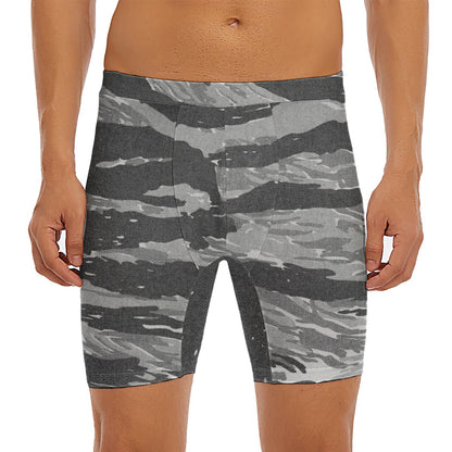Grey Tiger Stripe Camouflage Print Men's Long Boxer Briefs