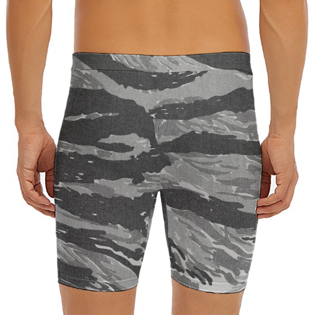 Grey Tiger Stripe Camouflage Print Men's Long Boxer Briefs