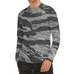 Grey Tiger Stripe Camouflage Print Men's Long Sleeve Rash Guard