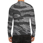 Grey Tiger Stripe Camouflage Print Men's Long Sleeve Rash Guard