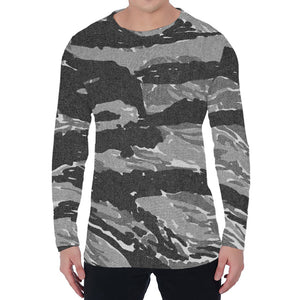 Grey Tiger Stripe Camouflage Print Men's Long Sleeve T-Shirt