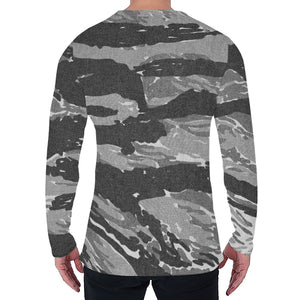 Grey Tiger Stripe Camouflage Print Men's Long Sleeve T-Shirt