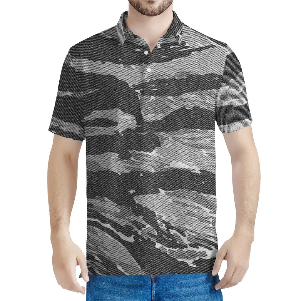 Grey Tiger Stripe Camouflage Print Men's Polo Shirt