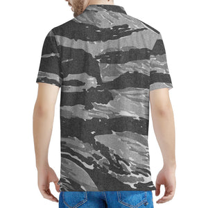 Grey Tiger Stripe Camouflage Print Men's Polo Shirt