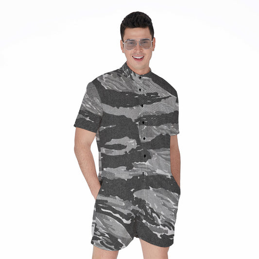 Grey Tiger Stripe Camouflage Print Men's Rompers