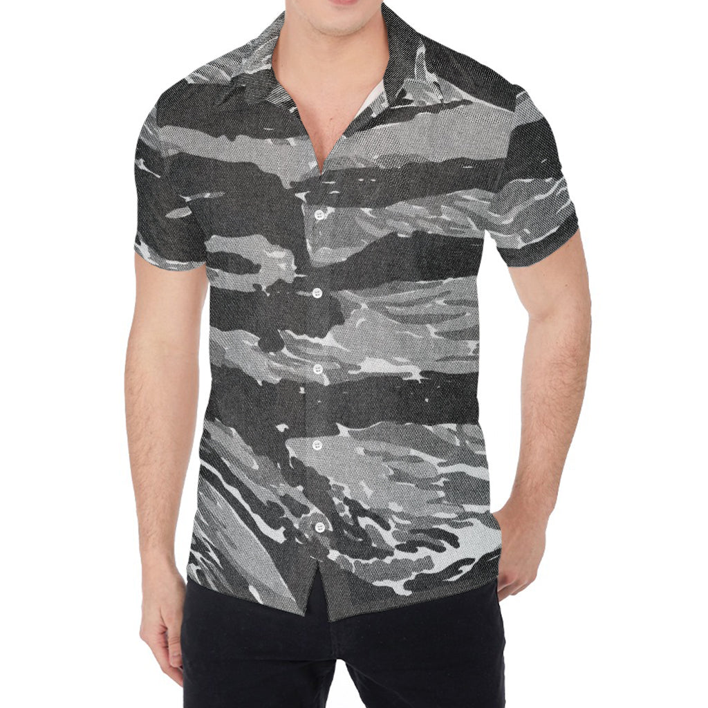 Grey Tiger Stripe Camouflage Print Men's Shirt