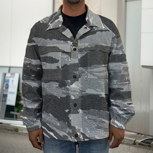 Grey Tiger Stripe Camouflage Print Men's Shirt Jacket