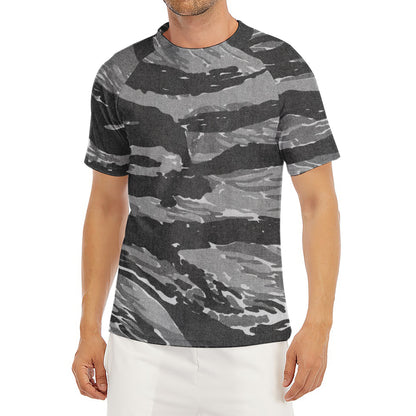 Grey Tiger Stripe Camouflage Print Men's Short Sleeve Rash Guard