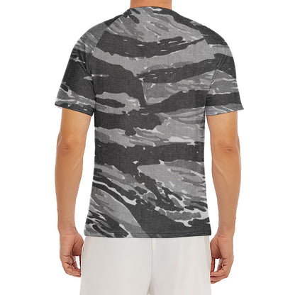 Grey Tiger Stripe Camouflage Print Men's Short Sleeve Rash Guard
