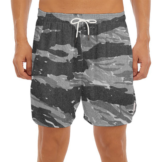 Grey Tiger Stripe Camouflage Print Men's Split Running Shorts