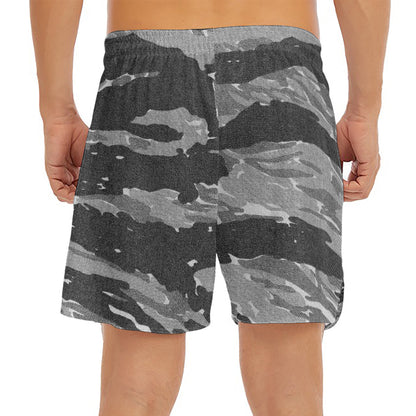 Grey Tiger Stripe Camouflage Print Men's Split Running Shorts