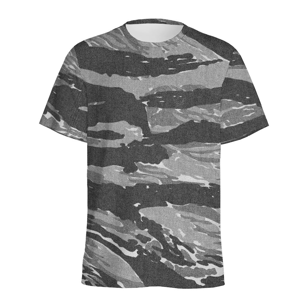 Grey Tiger Stripe Camouflage Print Men's Sports T-Shirt