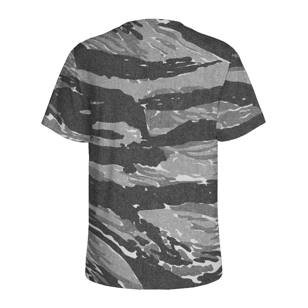 Grey Tiger Stripe Camouflage Print Men's Sports T-Shirt