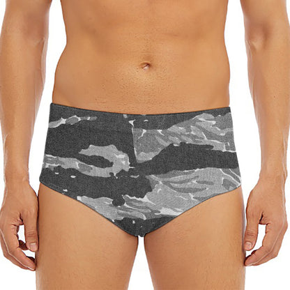Grey Tiger Stripe Camouflage Print Men's Triangle Swim Briefs