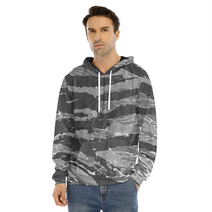 Grey Tiger Stripe Camouflage Print Men's Velvet Pullover Hoodie