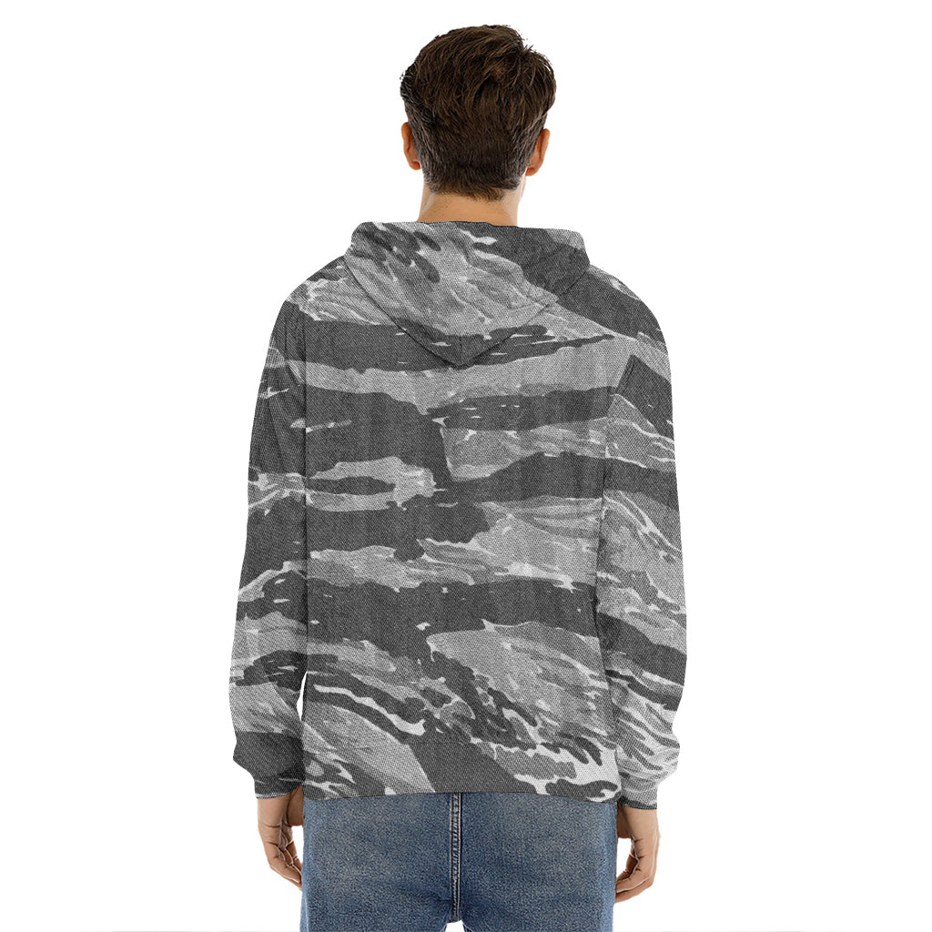 Grey Tiger Stripe Camouflage Print Men's Velvet Pullover Hoodie