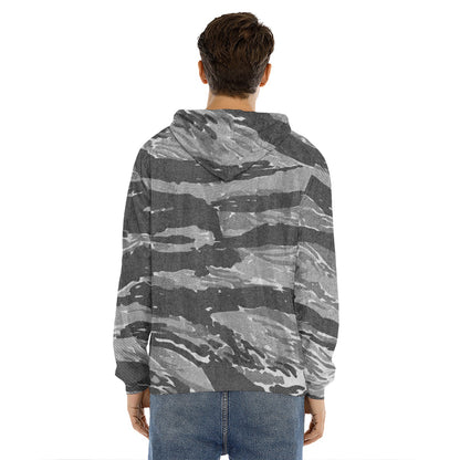 Grey Tiger Stripe Camouflage Print Men's Velvet Pullover Hoodie