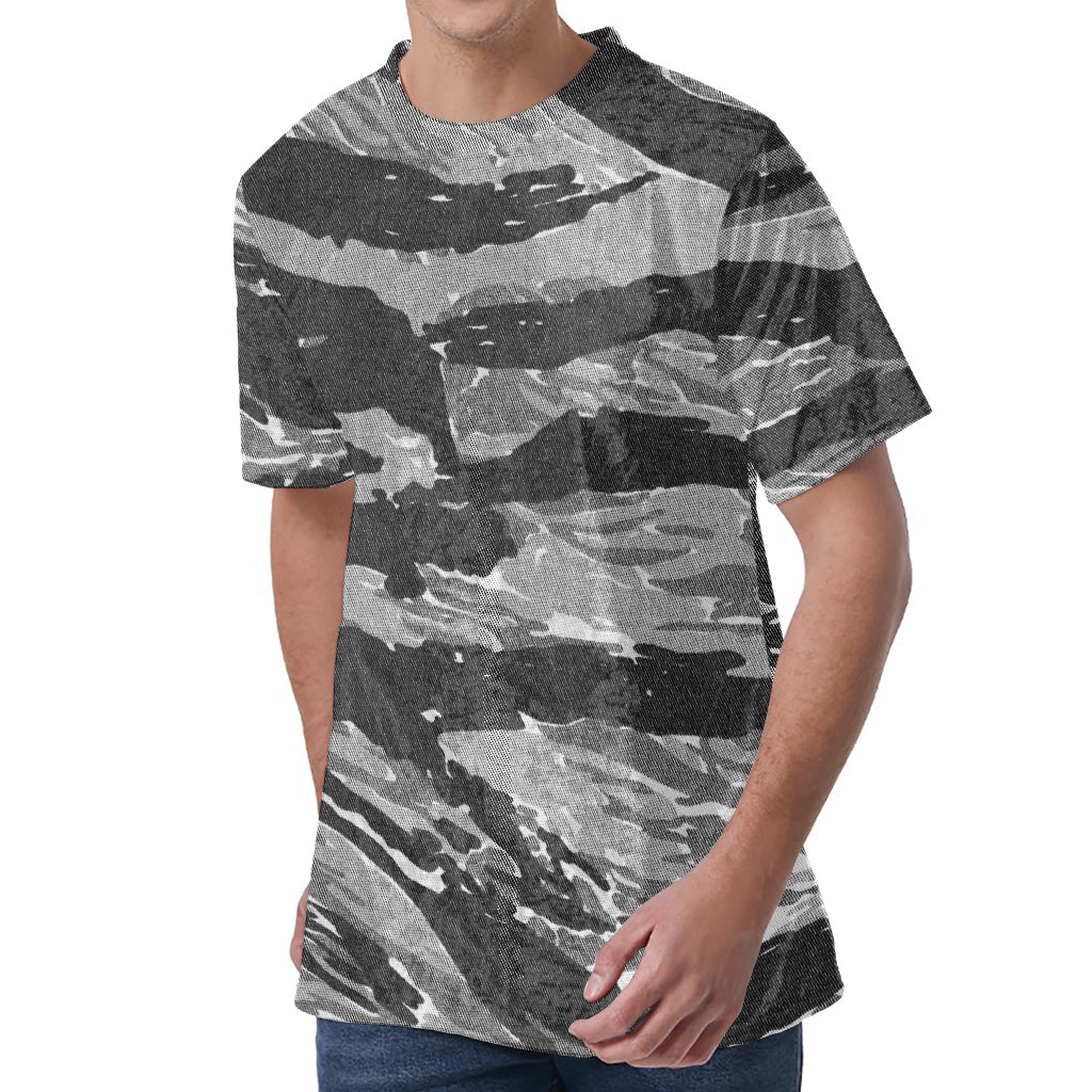 Grey Tiger Stripe Camouflage Print Men's Velvet T-Shirt