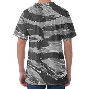 Grey Tiger Stripe Camouflage Print Men's Velvet T-Shirt
