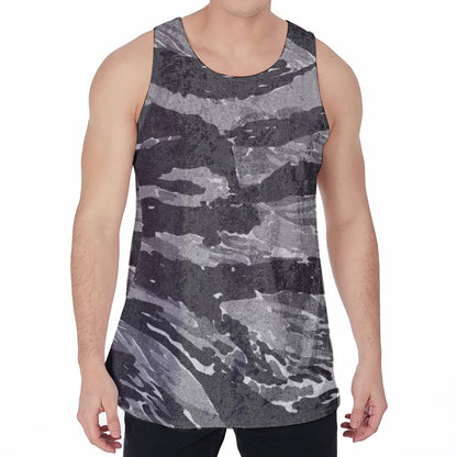 Grey Tiger Stripe Camouflage Print Men's Velvet Tank Top