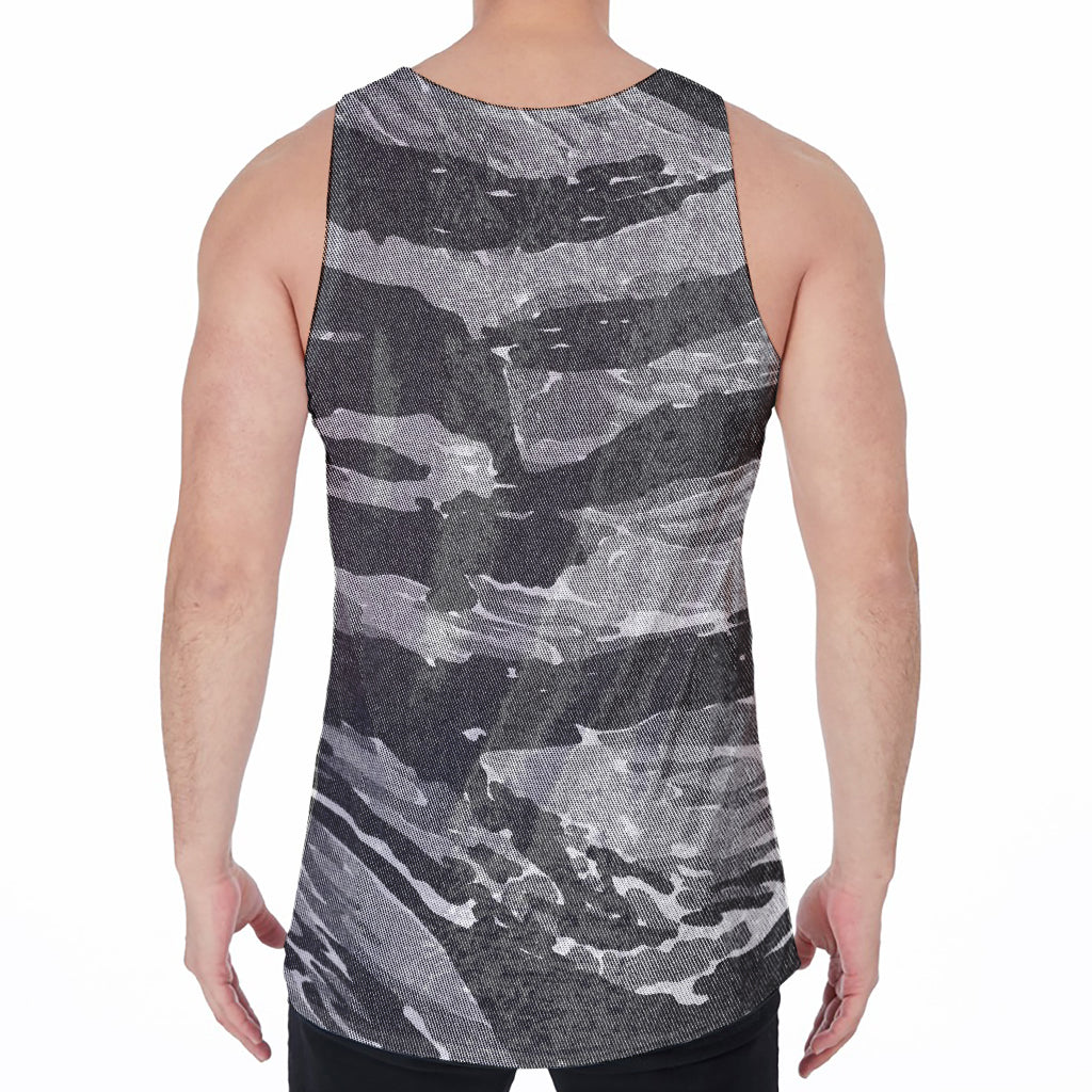 Grey Tiger Stripe Camouflage Print Men's Velvet Tank Top