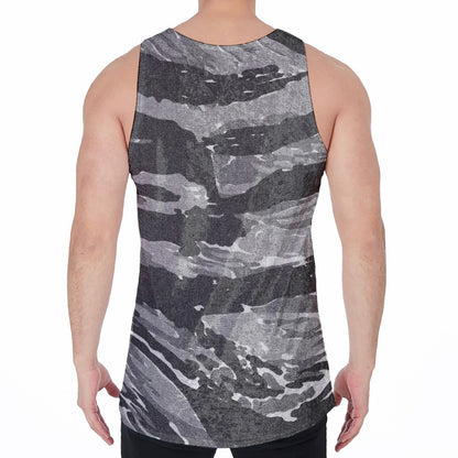 Grey Tiger Stripe Camouflage Print Men's Velvet Tank Top