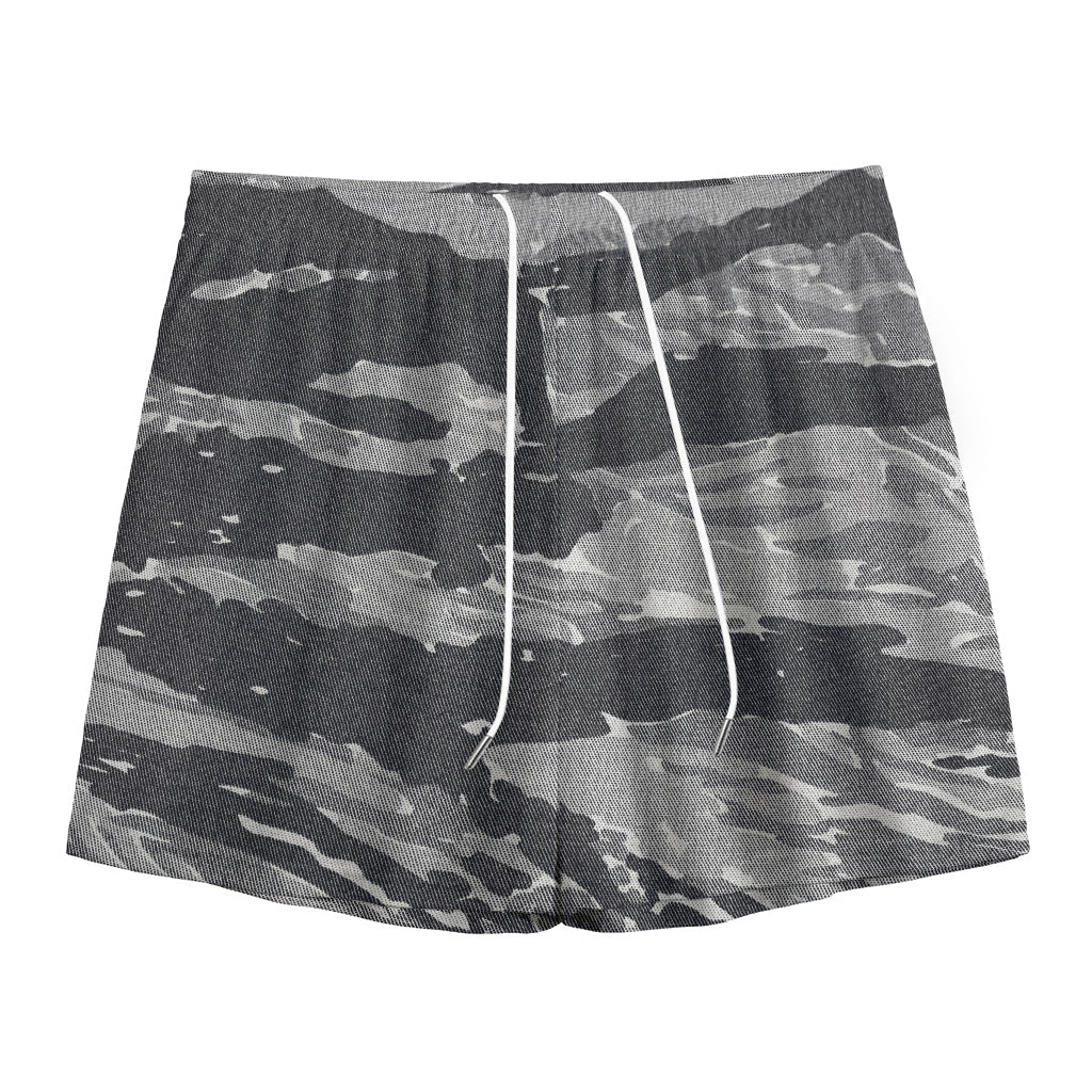 Grey Tiger Stripe Camouflage Print Mesh Shorts