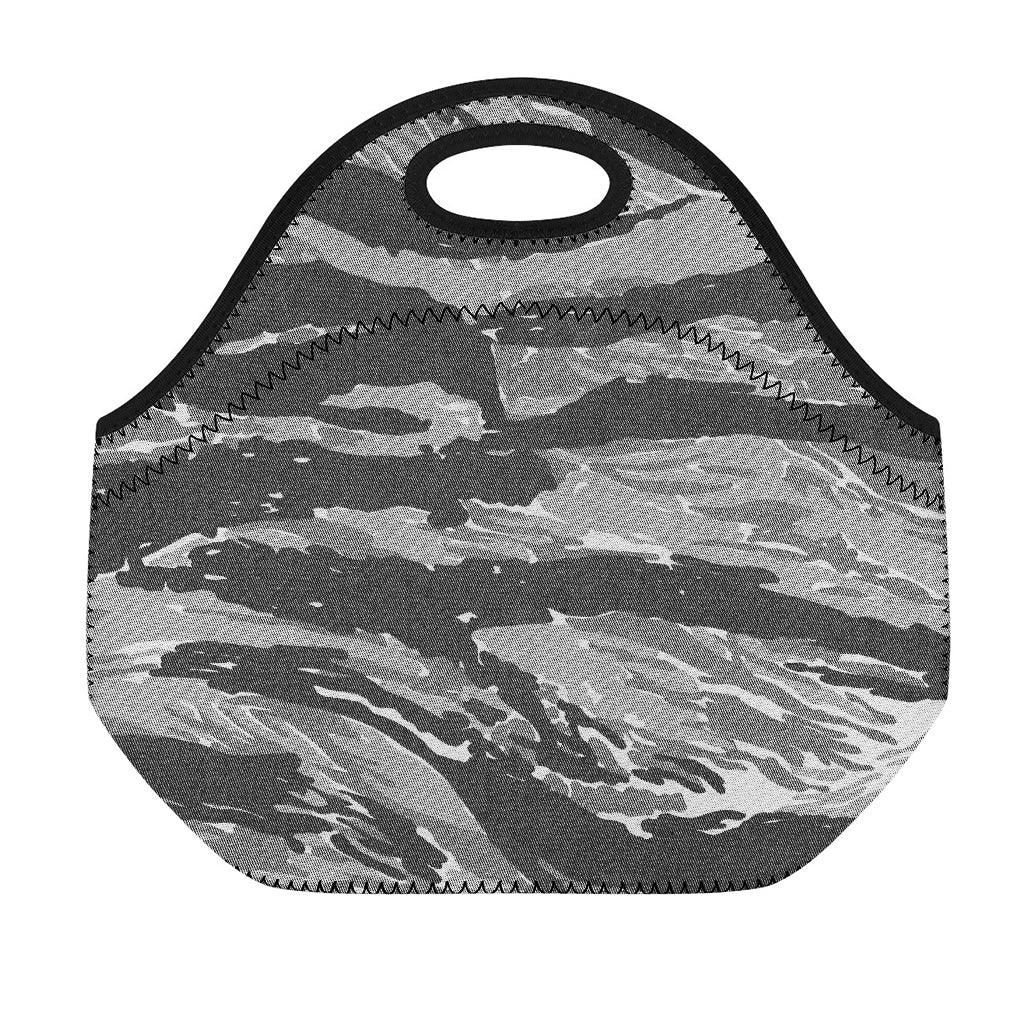 Grey Tiger Stripe Camouflage Print Neoprene Lunch Bag