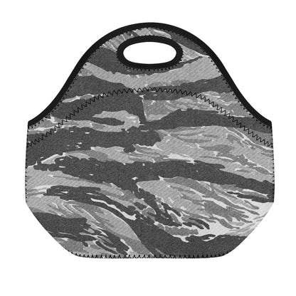 Grey Tiger Stripe Camouflage Print Neoprene Lunch Bag