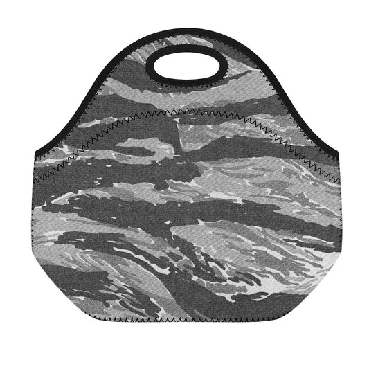 Grey Tiger Stripe Camouflage Print Neoprene Lunch Bag
