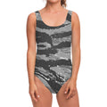 Grey Tiger Stripe Camouflage Print One Piece Swimsuit