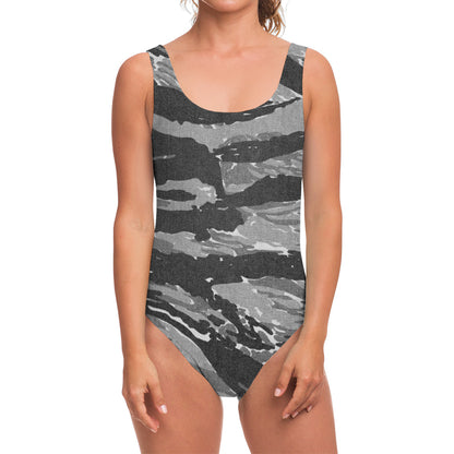 Grey Tiger Stripe Camouflage Print One Piece Swimsuit
