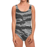Grey Tiger Stripe Camouflage Print One Piece Swimsuit