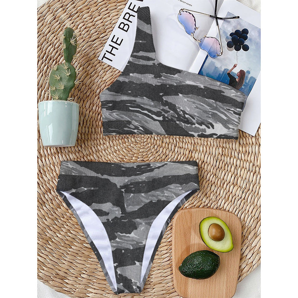 Grey Tiger Stripe Camouflage Print One Shoulder Bikini Top