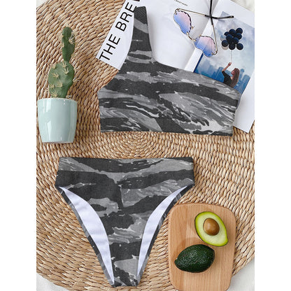 Grey Tiger Stripe Camouflage Print One Shoulder Bikini Top