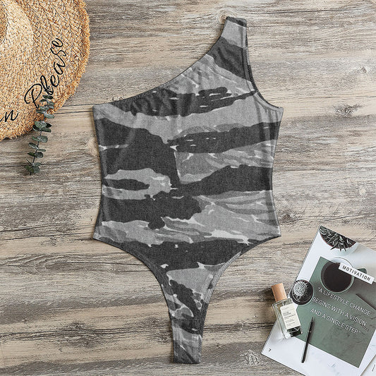 Grey Tiger Stripe Camouflage Print One Shoulder Bodysuit